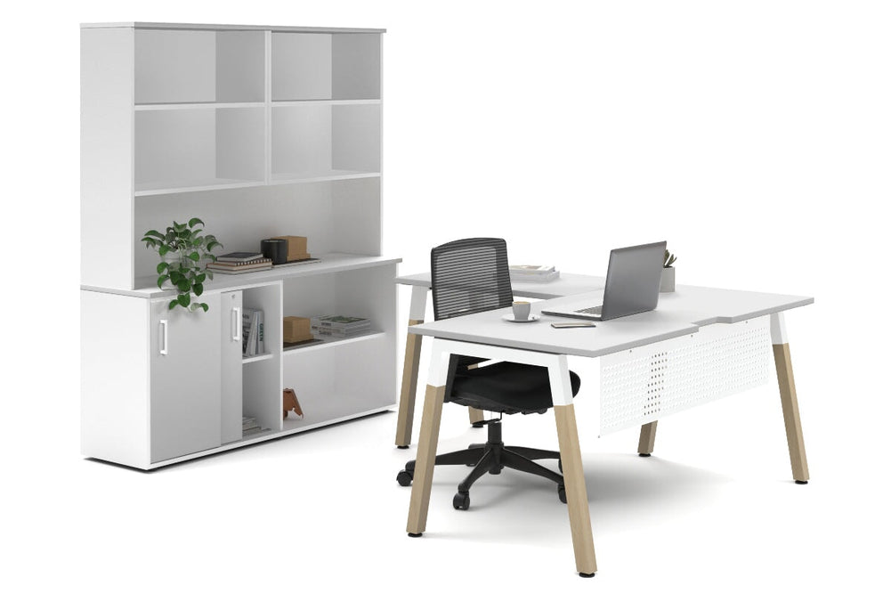 Quadro A Legs L-Shaped Executive Setting - Wood Legs White Cross Beam [1600L x 1800W with Cable Scallop]-white sliding 2 door + open bookcase open hutch