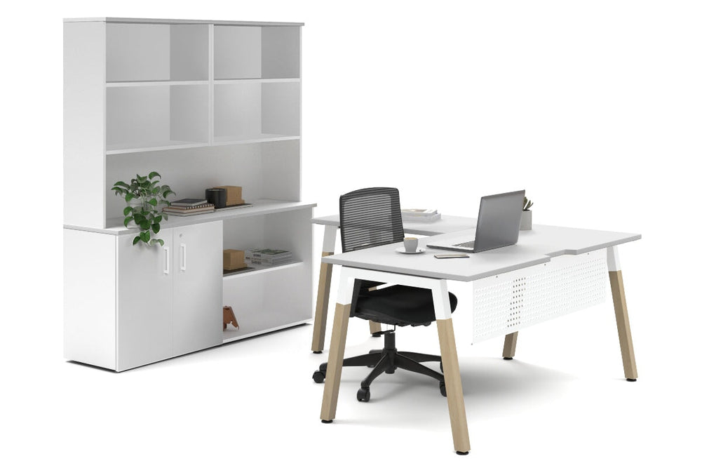 Quadro A Legs L-Shaped Executive Setting - Wood Legs White Cross Beam [1600L x 1800W with Cable Scallop]-white uniform 2 door + open bookcase open hutch