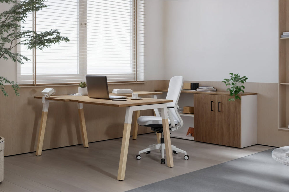 Quadro A Legs L-Shaped Executive Setting - Wood Legs White Cross Beam [1600L x 1800W with Cable Scallop]-dark oak sliding 2 door + open bookcase closed hutch