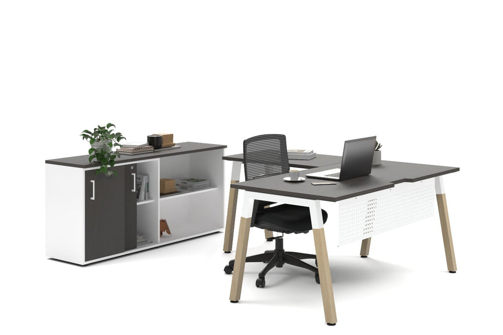 Quadro A Legs L-Shaped Executive Setting - Wood Legs White Cross Beam [1600L x 1800W with Cable Scallop]-dark oak sliding 2 door + open bookcase none