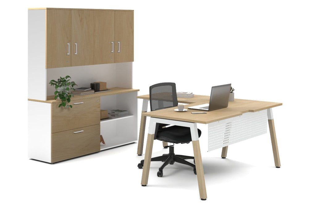 Quadro A Legs L-Shaped Executive Setting - Wood Legs White Cross Beam [1600L x 1800W with Cable Scallop]-maple lateral 2 drawer + open bookcase closed hutch