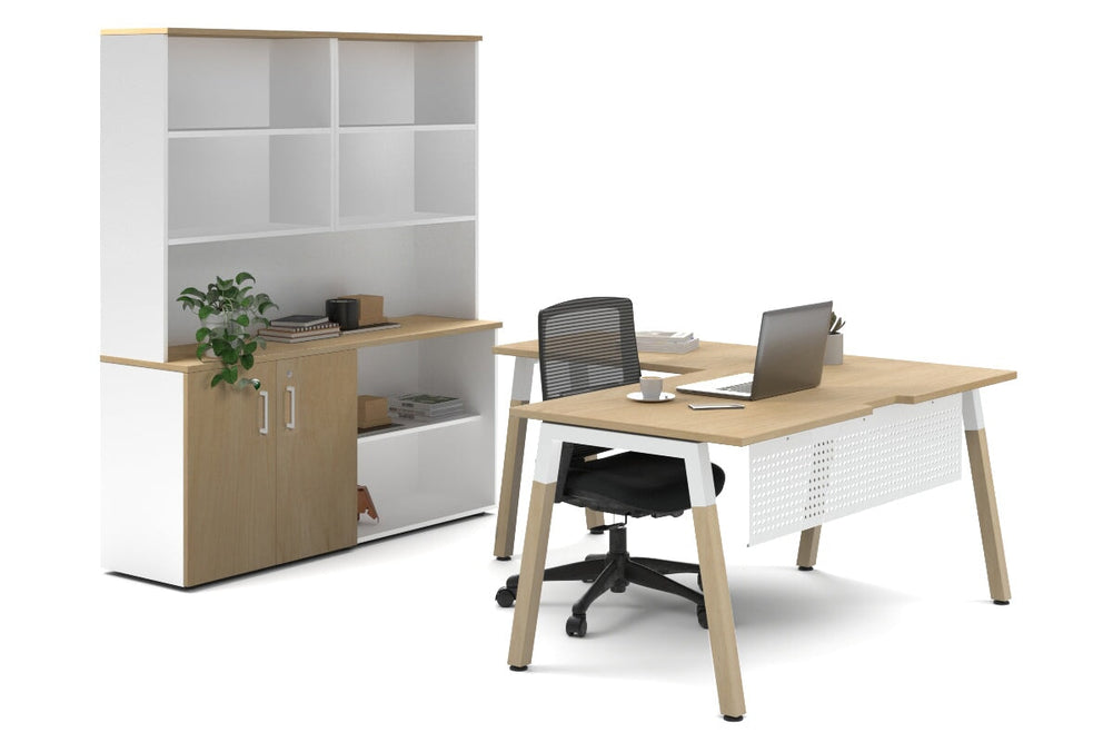 Quadro A Legs L-Shaped Executive Setting - Wood Legs White Cross Beam [1600L x 1800W with Cable Scallop]-maple uniform 2 door + open bookcase open hutch