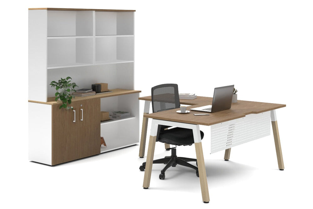 Quadro A Legs L-Shaped Executive Setting - Wood Legs White Cross Beam [1600L x 1800W with Cable Scallop]-salvage oak uniform 2 door + open bookcase open hutch