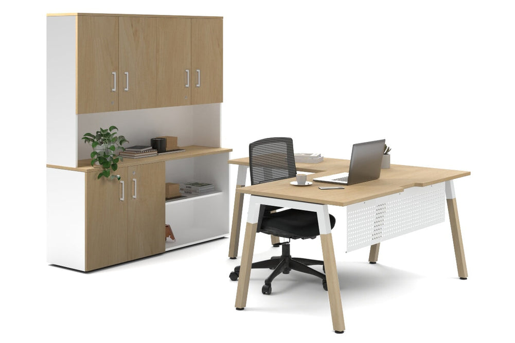 Quadro A Legs L-Shaped Executive Setting - Wood Legs White Cross Beam [1600L x 1800W with Cable Scallop]-maple uniform 2 door + open bookcase closed hutch