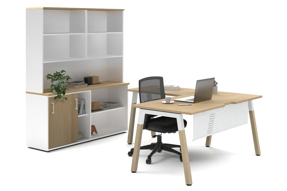 Quadro A Legs L-Shaped Executive Setting - Wood Legs White Cross Beam [1600L x 1800W with Cable Scallop]-dark oak sliding 2 door + open bookcase closed hutch