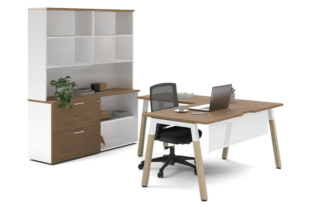Quadro A Legs L-Shaped Executive Setting - Wood Legs White Cross Beam [1600L x 1800W with Cable Scallop]-salvage oak lateral 2 drawer + open bookcase open hutch