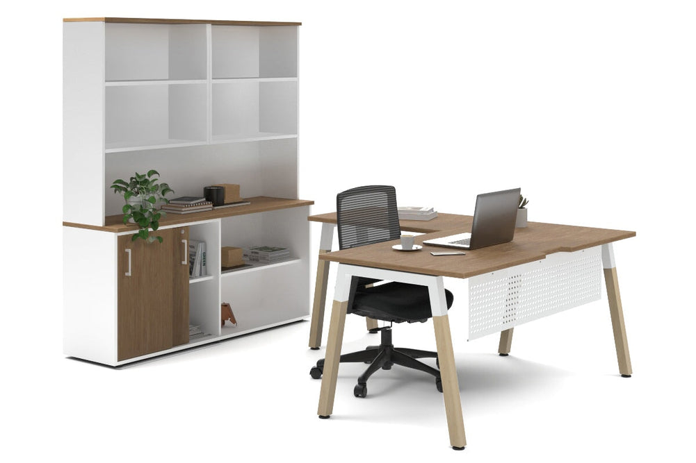 Quadro A Legs L-Shaped Executive Setting - Wood Legs White Cross Beam [1600L x 1800W with Cable Scallop]-salvage oak sliding 2 door + open bookcase open hutch