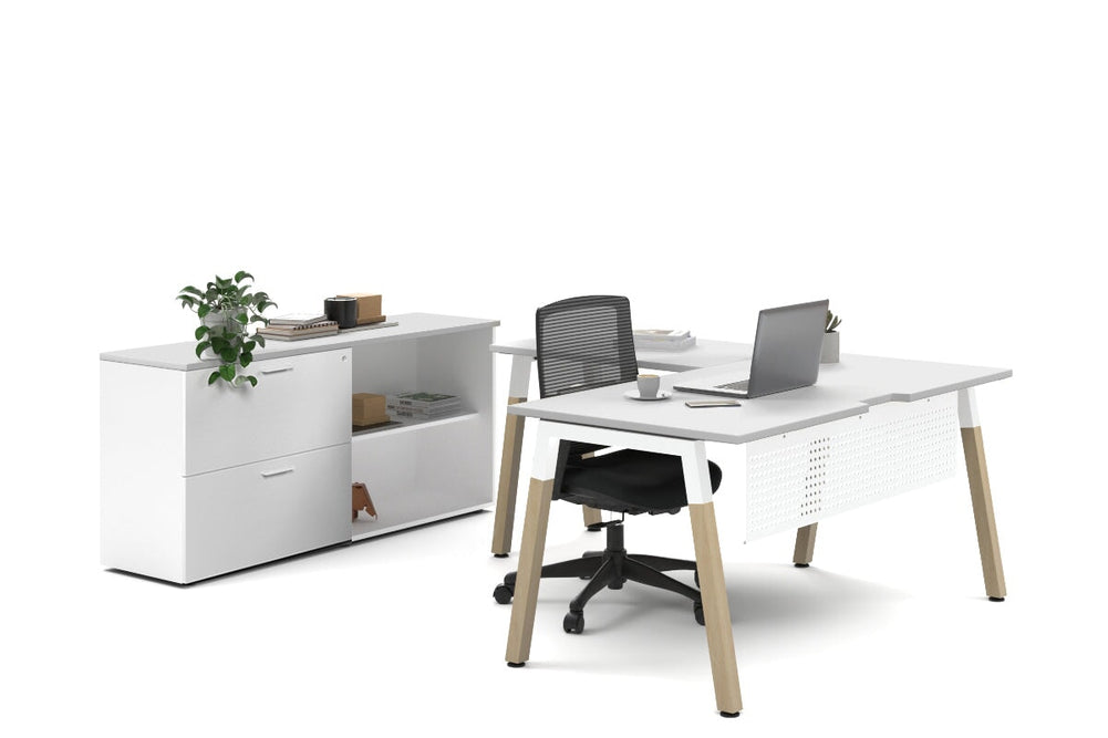 Quadro A Legs L-Shaped Executive Setting - Wood Legs White Cross Beam [1800L x 1800W with Cable Scallop]-white lateral 2 drawer + open bookcase none