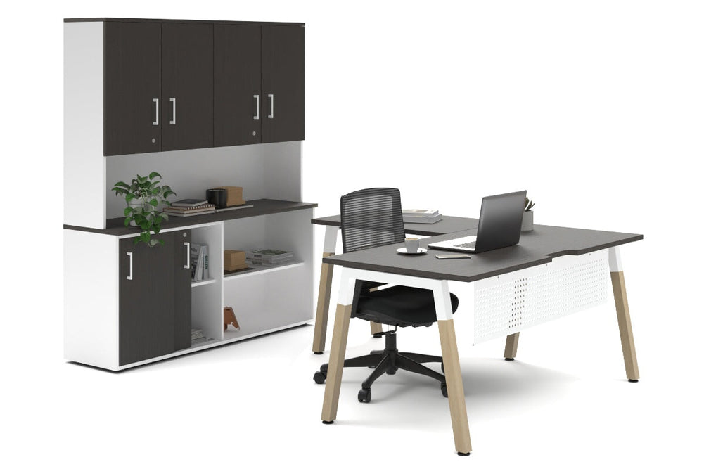 Quadro A Legs L-Shaped Executive Setting - Wood Legs White Cross Beam [1800L x 1800W with Cable Scallop]-dark oak sliding 2 door + open bookcase closed hutch