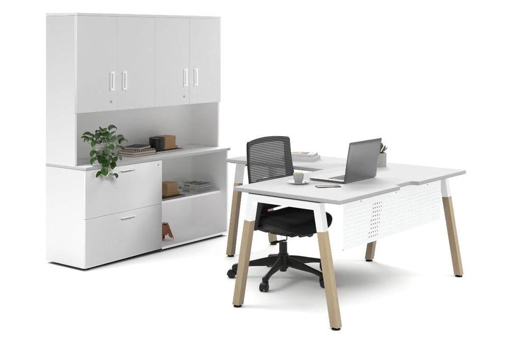 Quadro A Legs L-Shaped Executive Setting - Wood Legs White Cross Beam [1800L x 1800W with Cable Scallop]-white lateral 2 drawer + open bookcase closed hutch