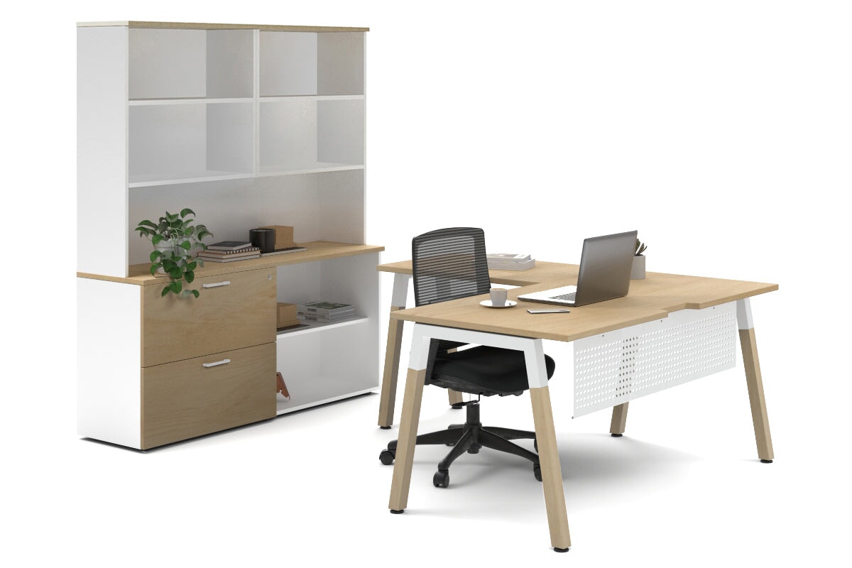 Quadro A Legs L-Shaped Executive Setting - Wood Legs White Cross Beam [1800L x 1700W]-maple lateral 2 drawer + open bookcase open hutch