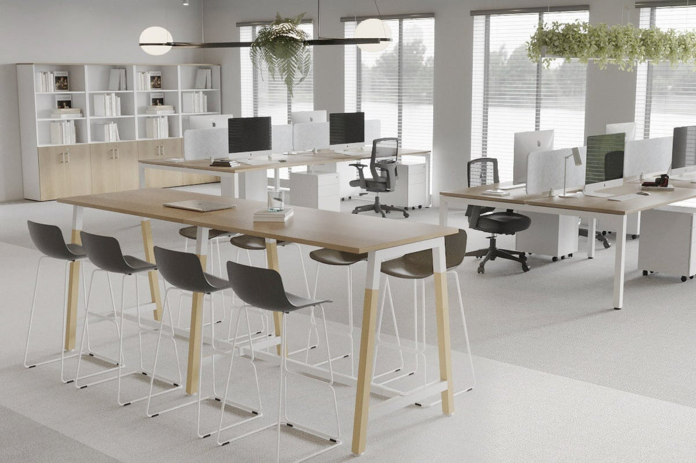 Quadro A Legs Large Counter Table - Wood Legs Cross Beam [2400L x 700W]-black leg dark oak wheels