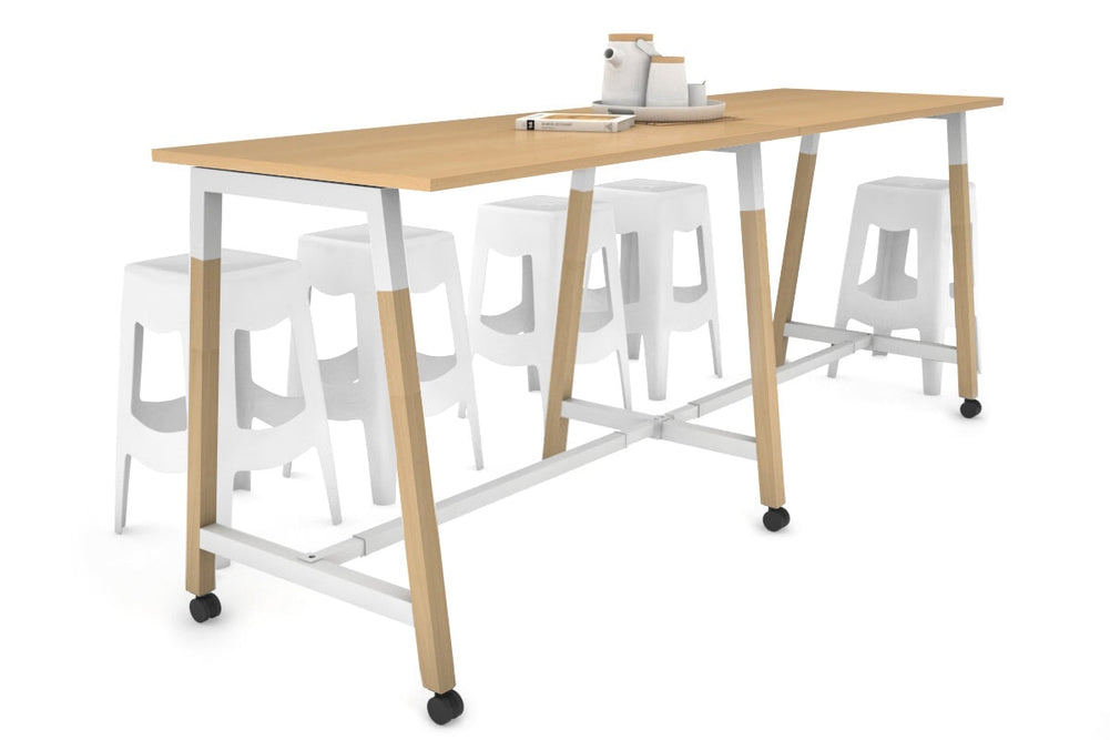 Quadro A Legs Large Counter Table - Wood Legs Cross Beam [2400L x 700W]-white leg maple wheels