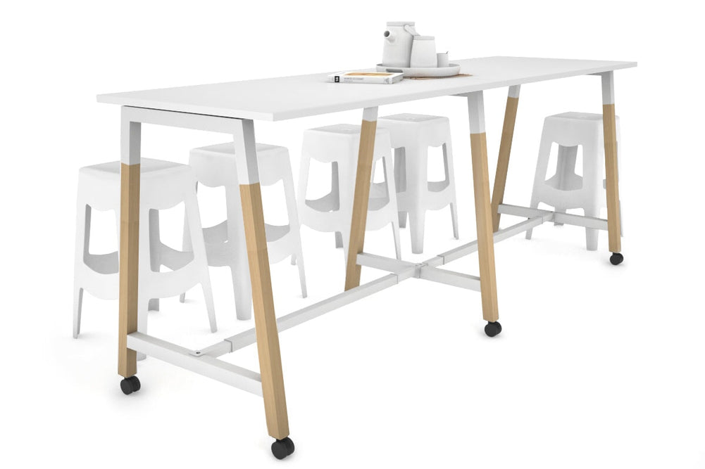 Quadro A Legs Large Counter Table - Wood Legs Cross Beam [2400L x 700W]-white leg white wheels