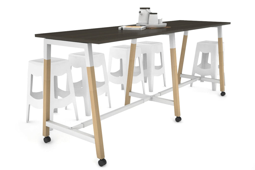 Quadro A Legs Large Counter Table - Wood Legs Cross Beam [2400L x 700W]-white leg dark oak wheels