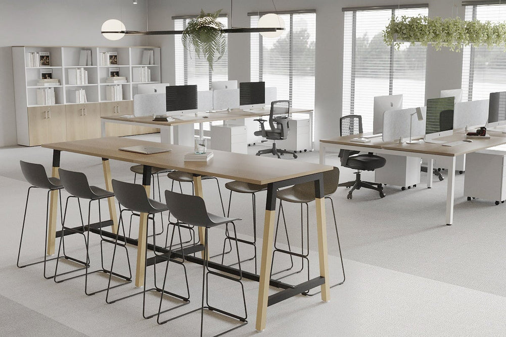 Quadro A Legs Large Counter Table - Wood Legs Cross Beam [3200L x 700W]-black leg dark oak wheels