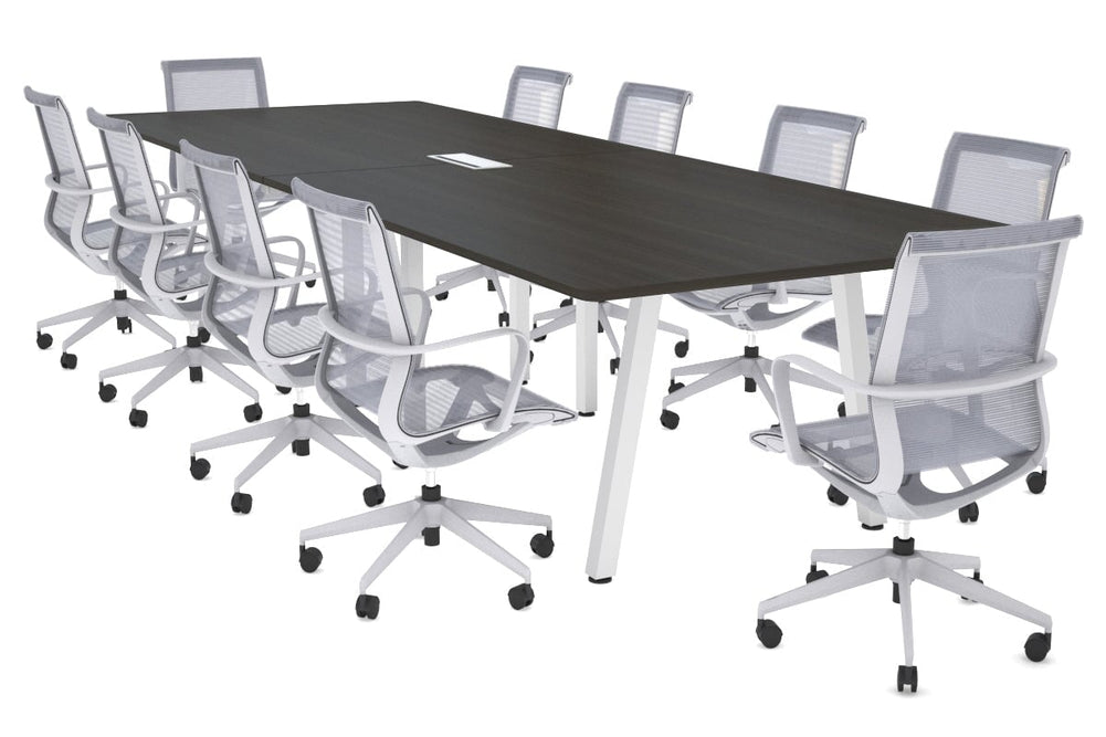 Quadro A Legs Modern Boardroom Table - Rounded Corners [3200L x 1100W with Rounded Corners]-white leg dark oak power box