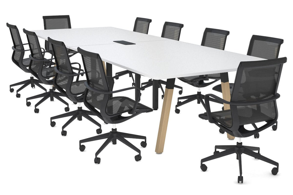 Quadro A Legs Modern Boardroom Table Wood Legs - Rounded Corners [3200L x 1100W with Rounded Corners]-black leg white power box