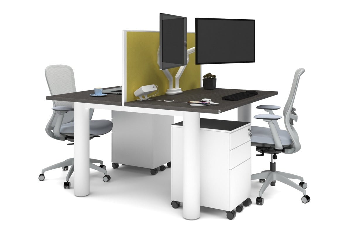 Quadro Cylinder Leg 2 Person Office Workstations [1200L x 700W] Jasonl white leg dark oak mustard yellow (500H x 1200W)