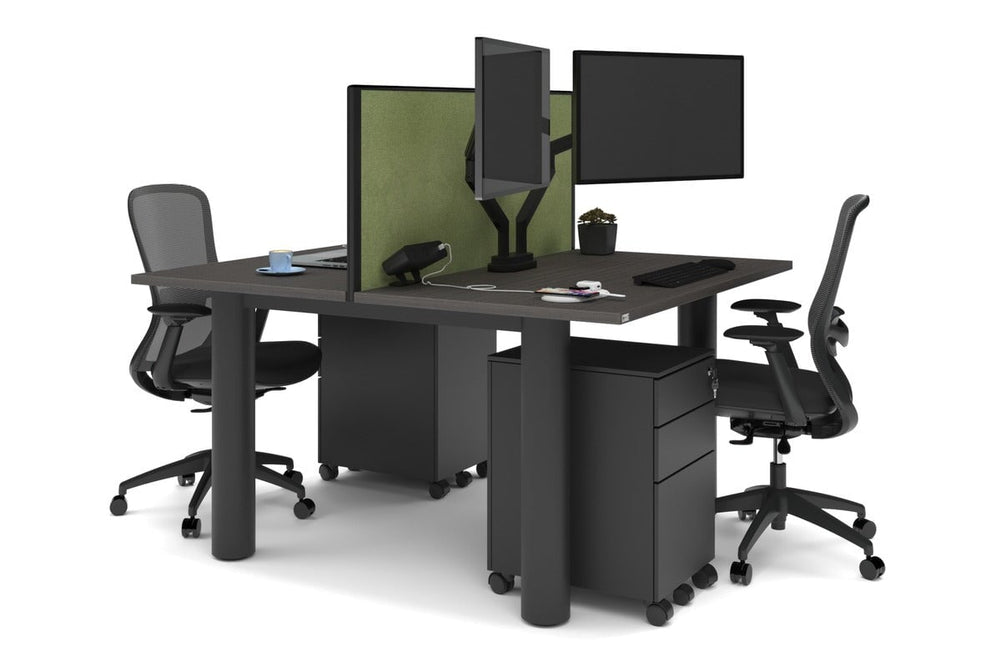 Quadro Cylinder Leg 2 Person Office Workstations [1400L x 700W]-black leg dark oak green moss (500H x 1400W)