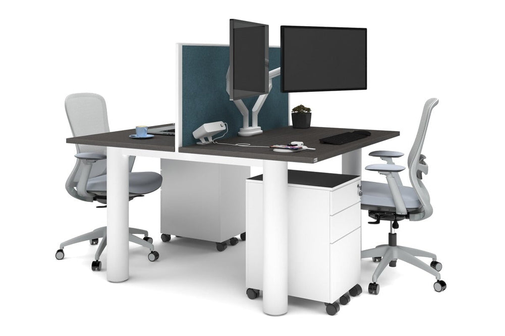 Quadro Cylinder Leg 2 Person Office Workstations [1400L x 700W]-white leg dark oak deep blue (500H x 1400W)