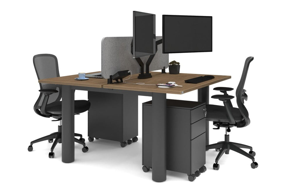 Quadro Cylinder Leg 2 Person Office Workstations [1400L x 700W]-black leg salvage oak light grey acoustic panel (400H x 1200W)