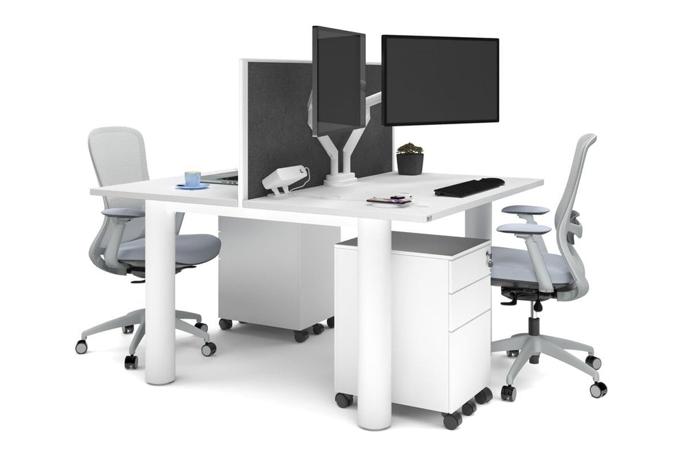Quadro Cylinder Leg 2 Person Office Workstations [1400L x 700W]-white leg white moody charcoal (500H x 1400W)