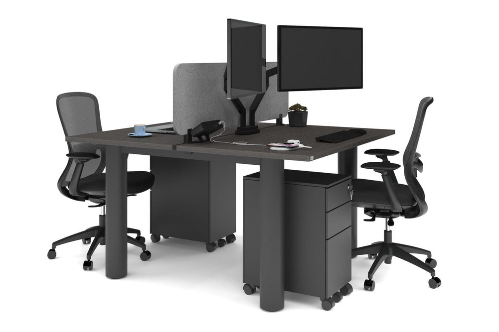 Quadro Cylinder Leg 2 Person Office Workstations [1400L x 700W]-black leg dark oak light grey acoustic panel (400H x 1200W)