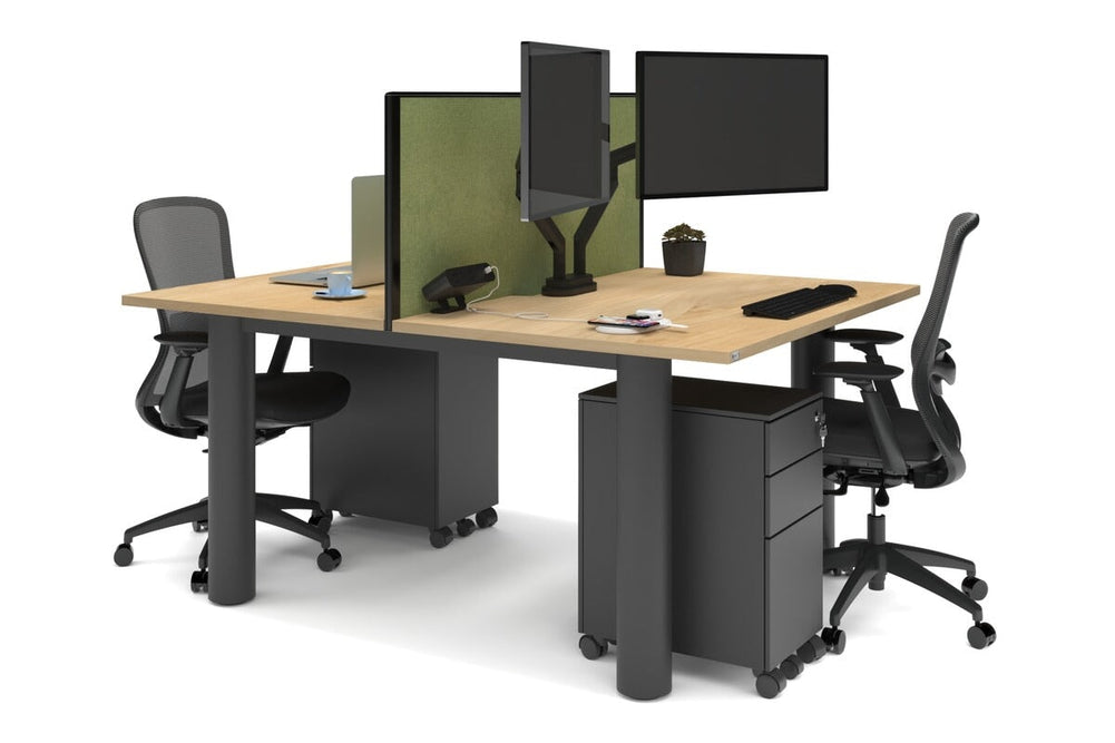 Quadro Cylinder Leg 2 Person Office Workstations [1400L x 800W with Cable Scallop]-black leg maple green moss (500H x 1400W)