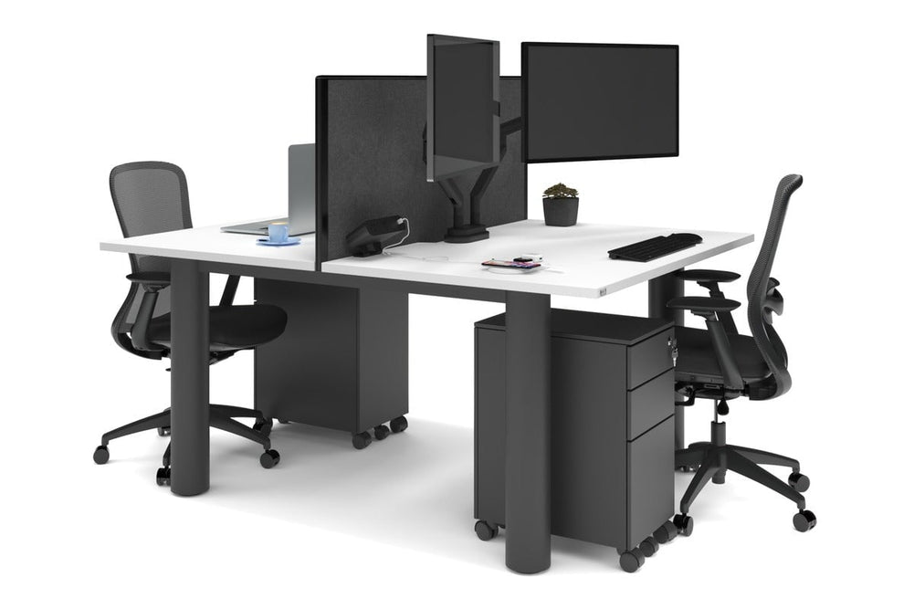 Quadro Cylinder Leg 2 Person Office Workstations [1400L x 800W with Cable Scallop]-black leg white moody charcoal (500H x 1400W)