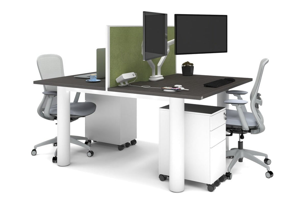 Quadro Cylinder Leg 2 Person Office Workstations [1400L x 800W with Cable Scallop]-white leg dark oak green moss (500H x 1400W)