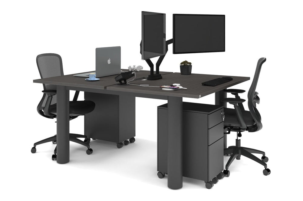 Quadro Cylinder Leg 2 Person Office Workstations [1400L x 800W with Cable Scallop]-black leg dark oak none