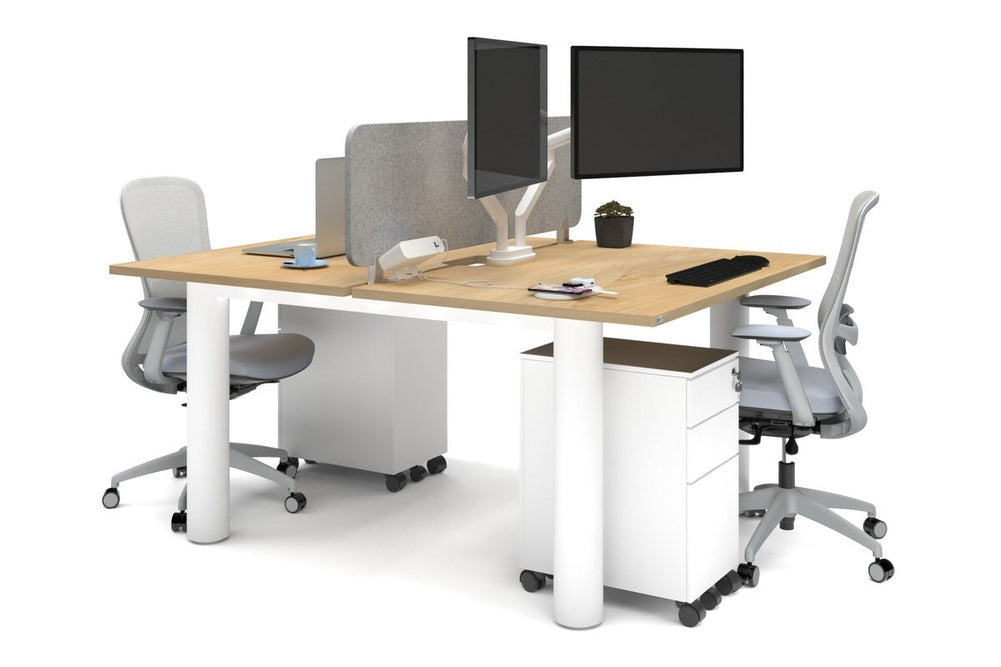 Quadro Cylinder Leg 2 Person Office Workstations [1400L x 800W with Cable Scallop]-white leg maple light grey acoustic panel (400H x 1200W)