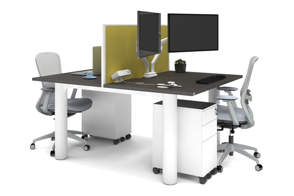Quadro Cylinder Leg 2 Person Office Workstations [1400L x 800W with Cable Scallop]-white leg dark oak mustard yellow (500H x 1400W)