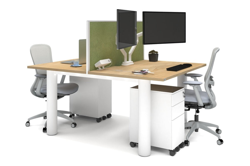 Quadro Cylinder Leg 2 Person Office Workstations [1400L x 800W with Cable Scallop]-white leg maple green moss (500H x 1400W)