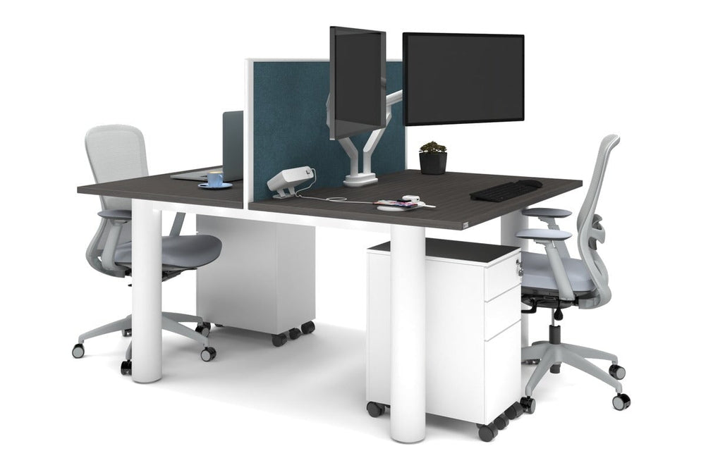 Quadro Cylinder Leg 2 Person Office Workstations [1400L x 800W with Cable Scallop]-white leg dark oak deep blue (500H x 1400W)