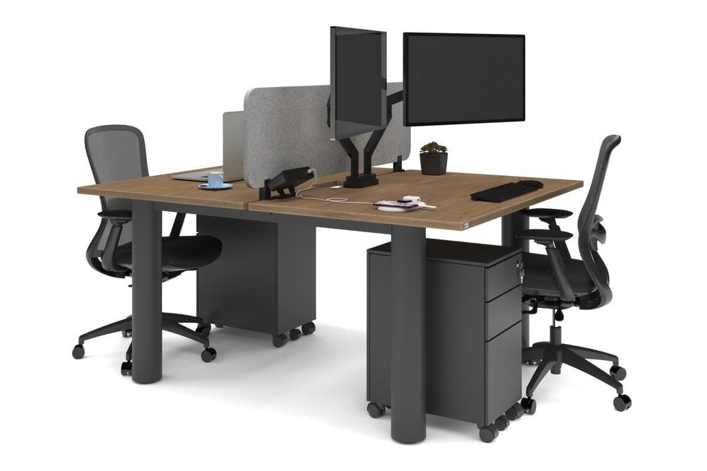 Quadro Cylinder Leg 2 Person Office Workstations [1400L x 800W with Cable Scallop]-black leg salvage oak light grey acoustic panel (400H x 1200W)