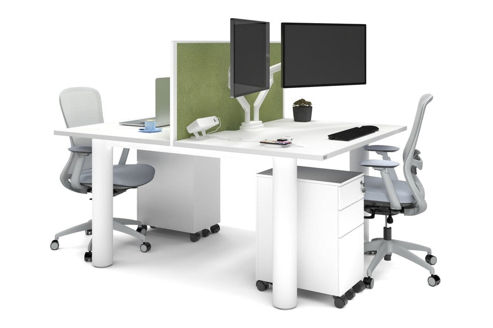 Quadro Cylinder Leg 2 Person Office Workstations [1400L x 800W with Cable Scallop]-white leg white green moss (500H x 1400W)