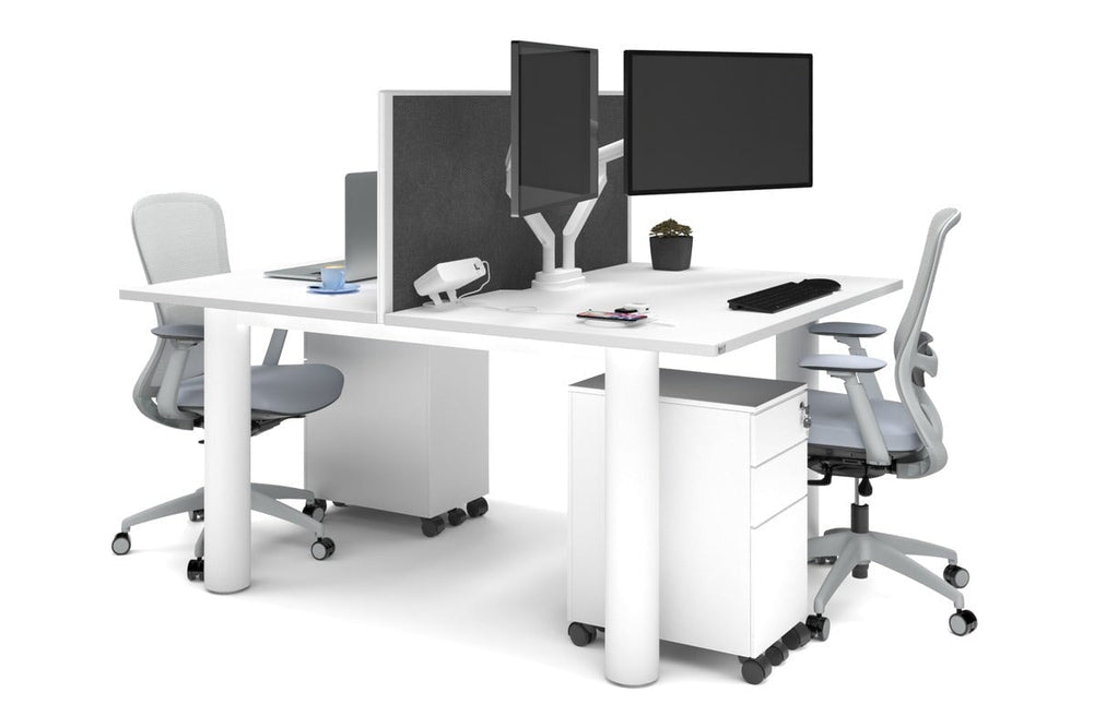 Quadro Cylinder Leg 2 Person Office Workstations [1400L x 800W with Cable Scallop]-white leg white moody charcoal (500H x 1400W)
