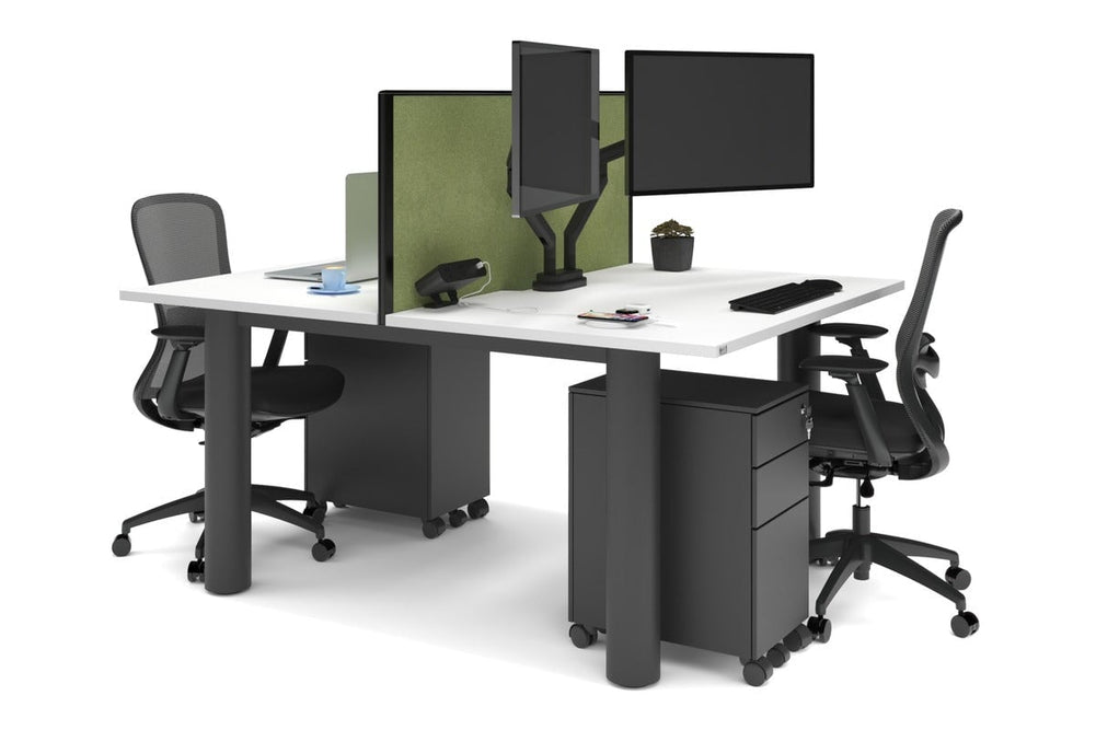 Quadro Cylinder Leg 2 Person Office Workstations [1400L x 800W with Cable Scallop]-black leg white green moss (500H x 1400W)