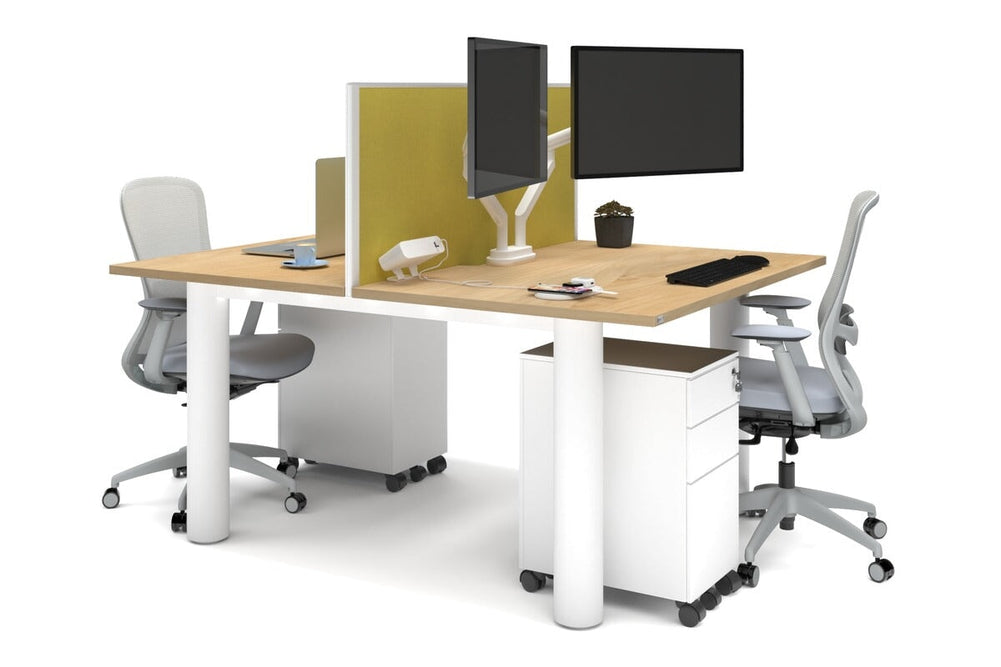 Quadro Cylinder Leg 2 Person Office Workstations [1400L x 800W with Cable Scallop]-white leg maple mustard yellow (500H x 1400W)