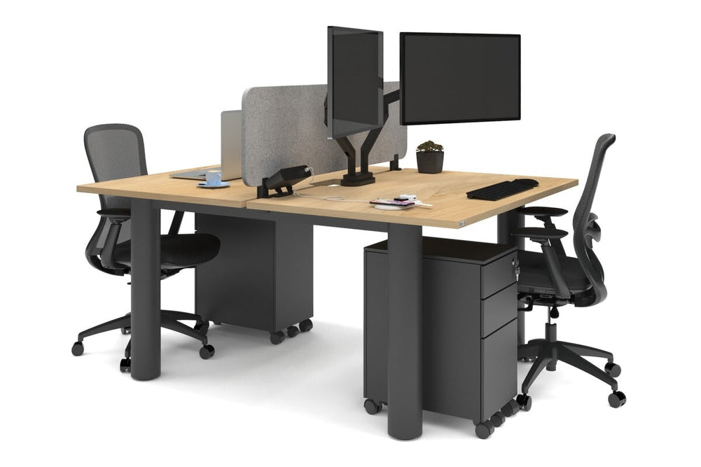 Quadro Cylinder Leg 2 Person Office Workstations [1400L x 800W with Cable Scallop]-black leg maple light grey acoustic panel (400H x 1200W)