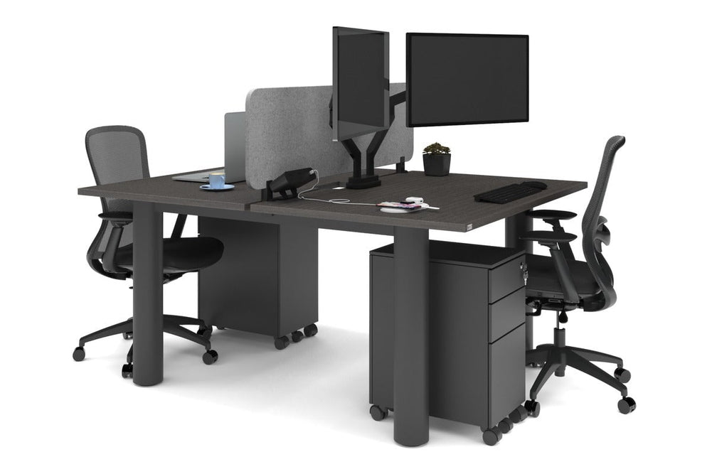 Quadro Cylinder Leg 2 Person Office Workstations [1400L x 800W with Cable Scallop]-black leg dark oak light grey acoustic panel (400H x 1200W)
