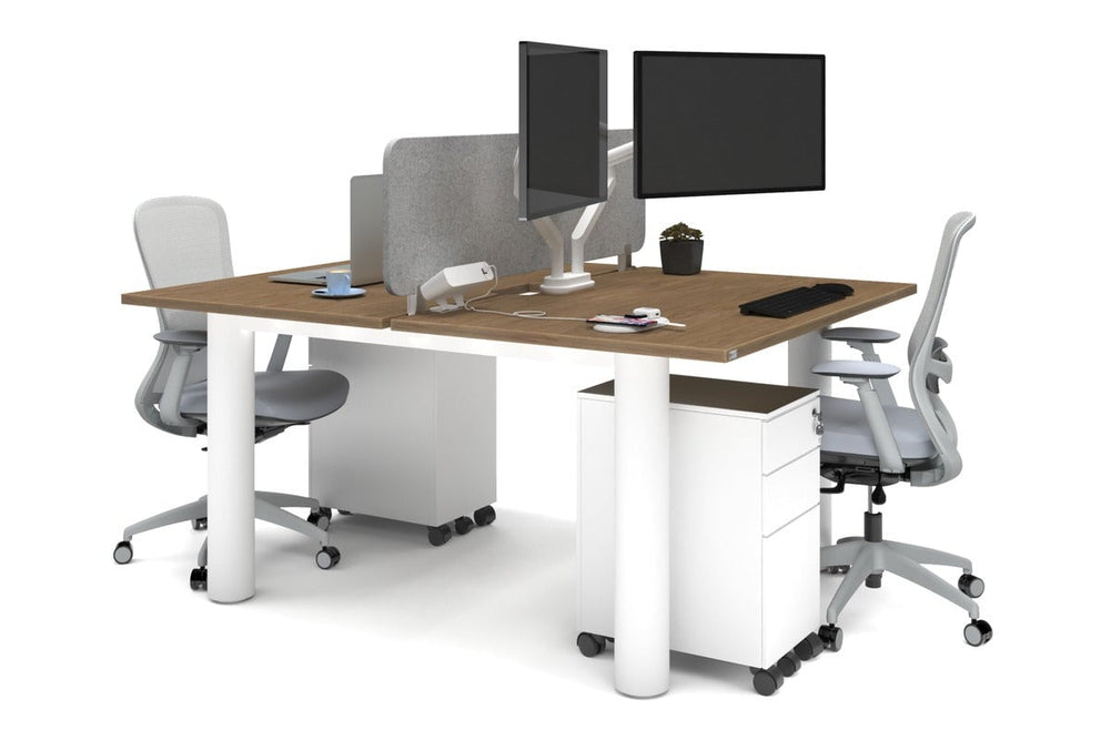 Quadro Cylinder Leg 2 Person Office Workstations [1400L x 800W with Cable Scallop]-white leg salvage oak light grey acoustic panel (400H x 1200W)