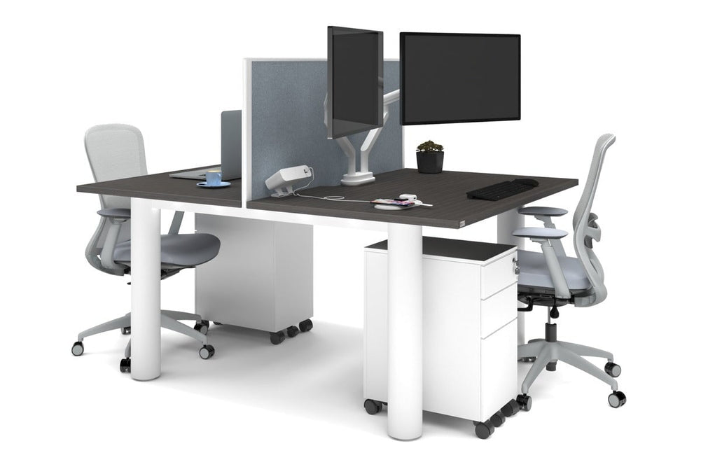 Quadro Cylinder Leg 2 Person Office Workstations [1400L x 800W with Cable Scallop]-white leg dark oak cool grey (500H x 1400W)