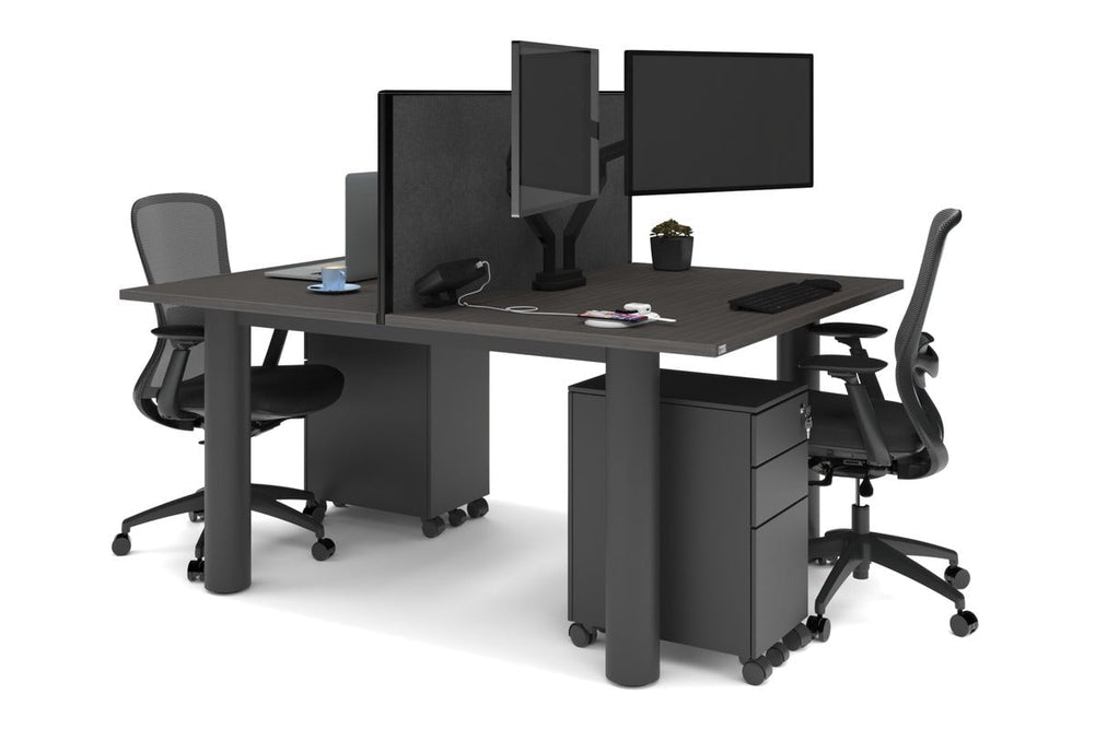 Quadro Cylinder Leg 2 Person Office Workstations [1400L x 800W with Cable Scallop]-black leg dark oak moody charcoal (500H x 1400W)