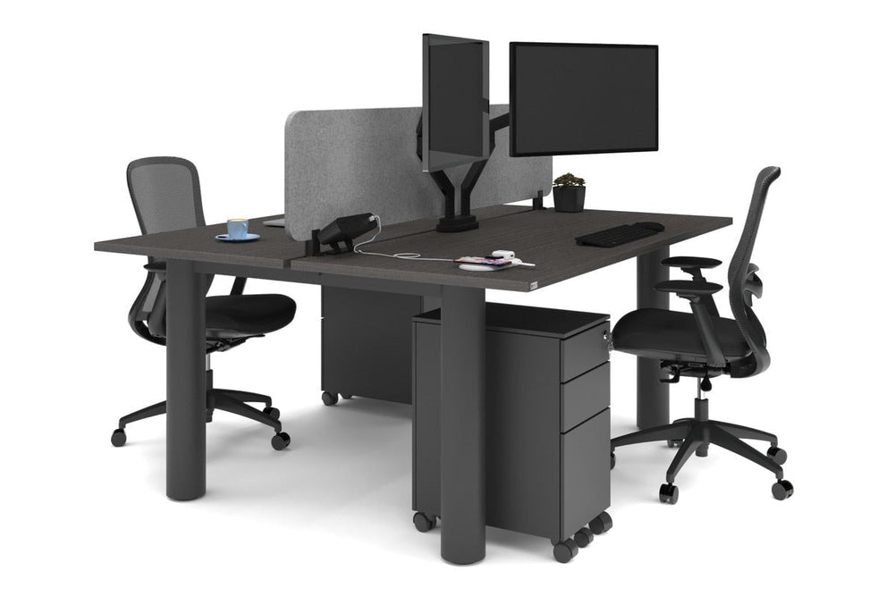 Quadro Cylinder Leg 2 Person Office Workstations [1600L x 700W]-black leg dark oak light grey acoustic panel (400H x 1600W)
