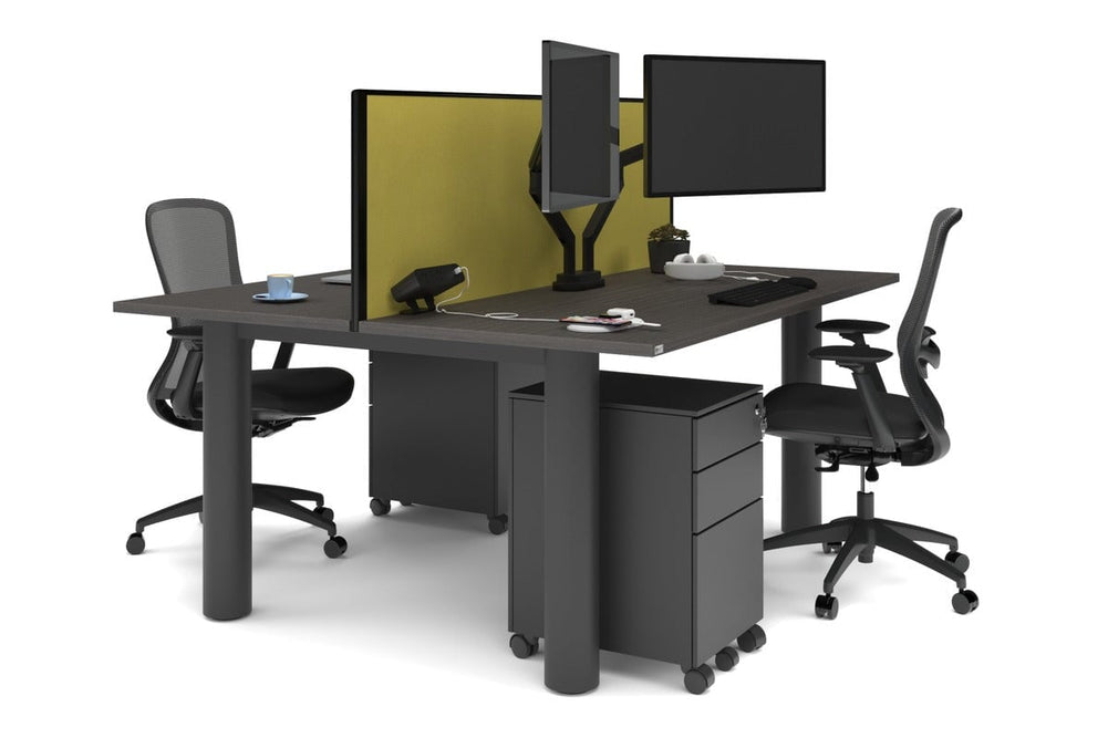 Quadro Cylinder Leg 2 Person Office Workstations [1600L x 700W]-black leg dark oak mustard yellow (500H x 1600W)