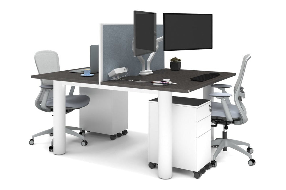 Quadro Cylinder Leg 2 Person Office Workstations [1600L x 800W with Cable Scallop]-white leg dark oak cool grey (500H x 1600W)