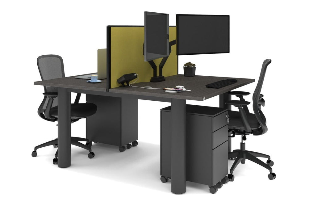 Quadro Cylinder Leg 2 Person Office Workstations [1600L x 800W with Cable Scallop]-black leg dark oak mustard yellow (500H x 1600W)